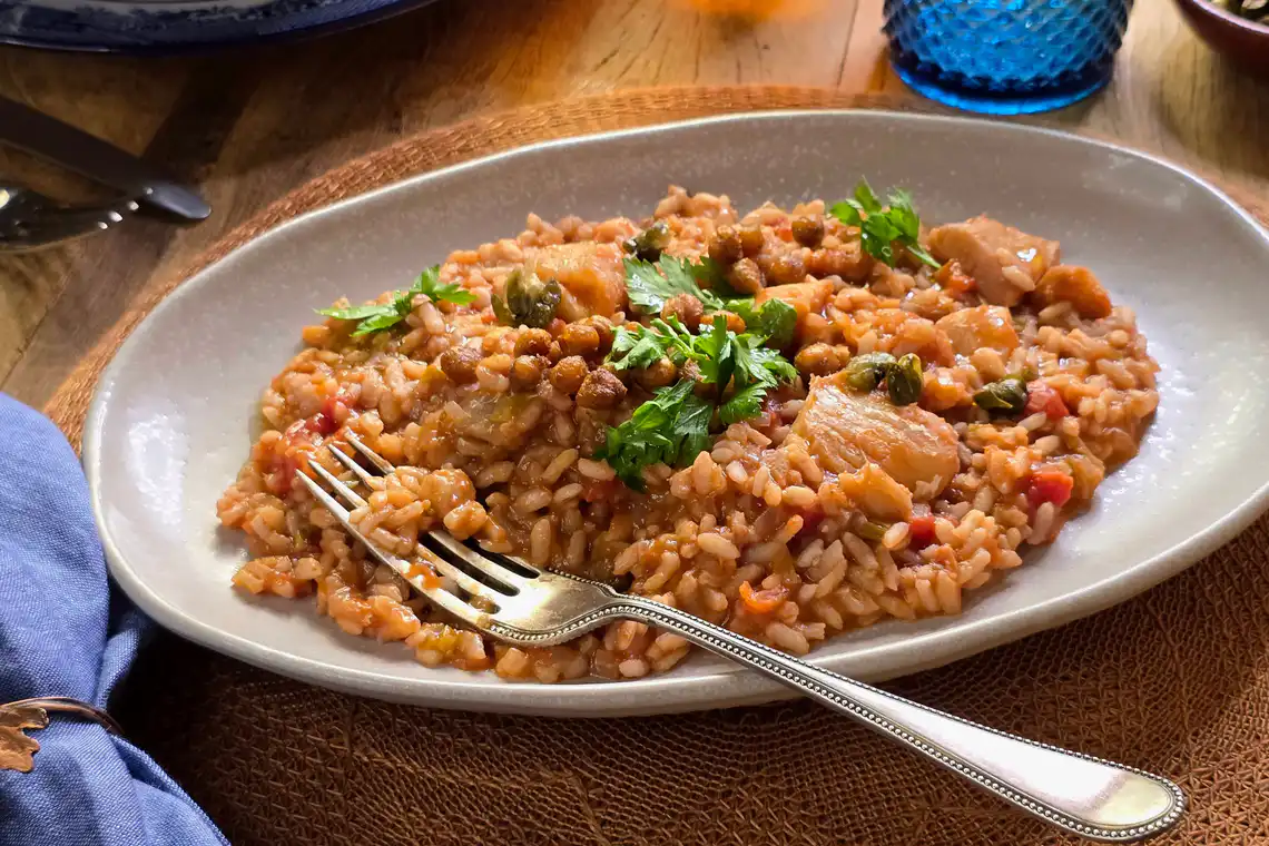 Risoto de bacalhau com tomate na pressão