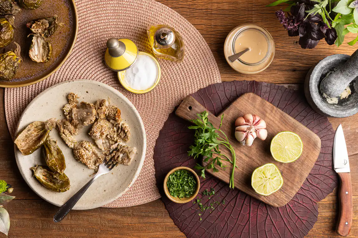 mise-en-place babaganuche de jiló