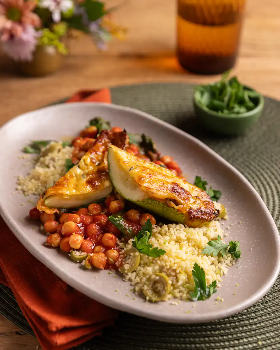 Receita: Abobrinha gratinada com ensopado de tomate e grão-de-bico na Air Fryer